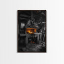 Forge Fire, Rustic Workshop, Industrial Heat, Metal Craft, Framed Canvas Print blacksmith decor, man cave wall art, moody workshop vibe