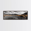 Desert Creek, Rugged Mountains, Golden Shrubs, Nature Path — Framed Canvas Print, Autumn Wall Decor, Rustic Office Art, Landscape Canvas