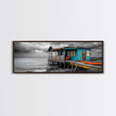 Rustic Shack, Ocean Pier, Stormy Skies, Tropical Retreat, Framed Canvas Print, Nautical Wall Art, Beach Cabin Decor, Lake House Style