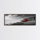 Red Boat, Rocky Shore, Dramatic Sky, Abandoned Vessel, Framed Canvas Print, Nautical Living Room Art, Moody Coastal Home Decor
