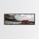 Red Picnic Table, Rocky Shore Cliffs, Bold Coastal View, Framed Canvas Print, Rustic Wall Art, Cabin Decor, Nature Lovers Gift
