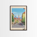 Iași Romania Travel Poster Framed Canvas Print, Midcentury Modern Art, Pop Art Wall Decor, Scenic Wall Art, Living Room Decoration, Office Gift
