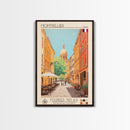 Montpellier France Travel Poster Framed Canvas Print, Midcentury Modern Art, Pop Art Wall Decor, Scenic Living Room Art, Bedroom Gift