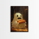 CHOMP! Cute Lil Ghost Eatin' a Dog, The Hot Dog Ghost, Haunted Hot Dog Thief, Framed Canvas Print, Halloween Art