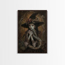 Mysterious Witch Holding Snake, Framed Canvas Print, Gothic Witch Art, Dark Fantasy Decor, Witch and Serpent, Halloween Accessories
