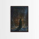 Hooded Figure in Library Halloween Art, Spooky Study, Haunted Library, Creepy Room, Gothic Reading, Framed Canvas Print