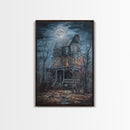 Abandoned House Under Moon Full Halloween Art, Spooky Mansion, Haunted Home, Creepy Decor, Gothic Artwork, Framed Canvas Print