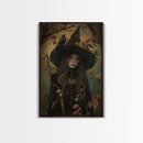 The Witch And The Raven, Framed Canvas Print, Raven Familiar, Victorian Witch Painting, Halloween Decor, Halloween Trinket, Spooky Wall Art