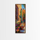 Colorful Canvas Painting of Cactus Framed, Botanical Wall Art Print, Spanish Inspired Canvas Painting, Long and Narrow Living Room Wall Art