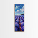Expansive Lavender Fields Under a Bright Sky, Skinny and Tall Art, Bold Framed Canvas Print, Landscape Wall Art