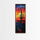 Desert Landscape with Saguaro Cactus Silhouette Against a Fiery Sunset on a Framed Canvas Print Skinny Art Piece