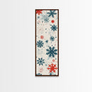 Festive Snowflakes In Red, Blue, And White On A Cream Background, Skinny Art Tall Wall Art Framed Canvas Print Japanese Style Art