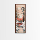 Serene Japanese Winter Landscape Highlighting A Red Bridge Snow-Covered Pines Under A Peaceful Sky Tall Framed Canvas Print Nature Scene