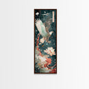 Majestic Eagle Japanese Art Skinny Wall Art Framed Canvas Print Soaring Above Lotus Flowers in Serene Water Scene