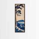 Skinny Art Tall Art Framed Canvas Print Japanese Style Art Blue Pine Tree Mount Fuji Wood Block Print Ukiyo-e Feng Shui Wall Art