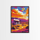 Southwest sunset, desert house, Joshua tree art, pink orange wall art, rustic wall art, boho art, framed canvas print, landscape painting