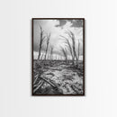Windblown Trees, stormy sky, moody landscape, wabi sabi art, black and white, framed canvas print, rustic decor, nature photography