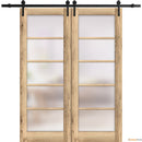 Quadro 4002 Oak Double Barn Door with Frosted Glass and Black Rail