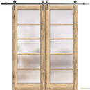 Quadro 4002 Oak Double Barn Door with Frosted Glass and Silver Rail