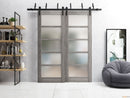 Quadro 4002 Nebraska Grey Double Barn Door with Frosted Glass and Black Bypass Rail