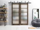 Quadro 4002 Cognac Oak Double Barn Door with Frosted Glass and Black Bypass Rail