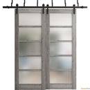 Quadro 4002 Nebraska Grey Double Barn Door with Frosted Glass and Black Bypass Rail
