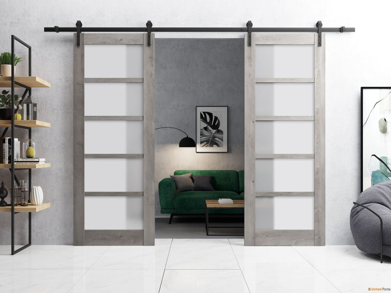 Quadro 4002 Nebraska Grey Double Barn Door with Frosted Glass and Black Rail