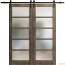Quadro 4002 Cognac Oak Double Barn Door with Frosted Glass and Black Rail