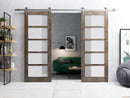 Quadro 4002 Cognac Oak Double Barn Door with Frosted Glass and Silver Rail