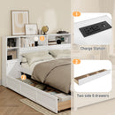 White Wooden Storage Bed with Tall Extended Bookcase Headboard, 6 Drawers and Charging Station for Teens Adults, No Box Spring Needed,Full