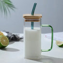 400ml square glass mug with bamboo lid and straw dining room cup