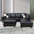 Black L Shaped 3 Piece Faux Leather Sofa Set With Storage Ottoman