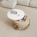 Modern Round Lift-Top Coffee Table with Storage & 3 Ottoman White & Natural