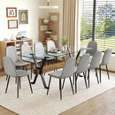 Table and chair set.79'x31.5' with X-shaped Black Metal Table Legs,Wood Grain Textured MDF Crossbeam.Paired With 10 Chairs Made Of Light Gray Lnen Fabric.Iron pipe spraying Legs.