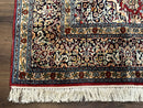 Indian Kashmiri Silk Rug 6x9, Red and Navy Blue, Floral Medallion, Fine 275 KPSI