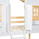 Twin over Twin House Bunk Bed with Roof, Window, Window Box, Door, with Safety Guardrails and Ladder, Natural/White