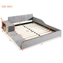 Queen Size Upholstered Grounded Bed, Mother & Child Bed with Bedside Desk and Little Round Stool, Velvet, Gray