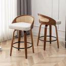 Set Of Two 25 Inch Beige Rattan Swivel Counter Stools With Linen Upholstery Mid Century Modern