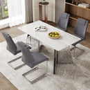 Table and chair set.63'x31.5x30' Luxurious Snow Mountain Patterned Sintered Stone Table with Silver Metal Butterfly Legs.Paried With 4 Dark Gray High-quality PU Chairs With Arched Metal Legs.