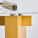 Table and chair set.Large modern rectangular table with 0.4 inch patterned glass tabletop and large MDF table legs.Comes with 8 chairs with faux leather cushioned seats and golden metal legs.
