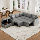 Multi-Functional Sectional Sofa Convertible Pull-out Bed with Storage Ottoman, USB Ports, Cup Holders, Chenille, Gray, 84.7'
