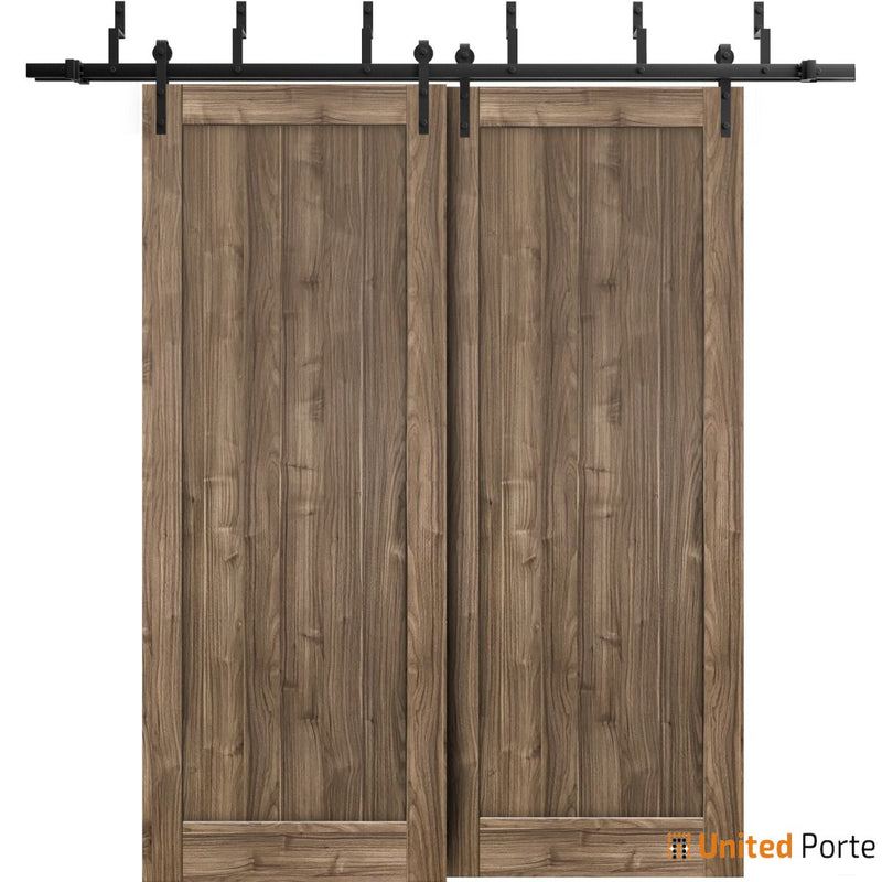 Quadro 4111 Walnut Double Barn Door and Black Bypass Rail