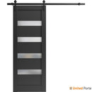 Quadro 4113 Matte Black Barn Door with Frosted Opaque Glass and Black Rail