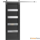 Quadro 4113 Matte Black Barn Door with Frosted Opaque Glass and Silver Rail