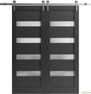 Quadro 4113 Matte Black Double Barn Door with Frosted Opaque Glass and Silver Rail