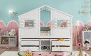 Full Size House Loft Bed with Roof, Windows,4 Storage Drawers,Pine Wooden Bed with Safety Guardrails,Ladder,White