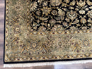 Indo Persian Rug 8x10, Black and Green, Wool, Handmade, Traditional, Floral Allover, Vintage