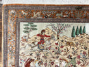 Silk Persian Qum Rug 3x5, Hunting Pattern, Handmade Vintage Carpet, Signed by Master Weaver, Horsemen Pictorials, Super Fine 650 KPSI