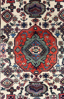 Persian Tribal Rug 8x11, Persian Ardabil Rug, Geometric Medallion Animal Pictorial Rug, Ivory Red Blue, Hand Knotted Vintage Wool Carpet