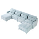 Elegant Four-Seater Sofa with Movable Ottoman and Lumbar Pillow in Sky Blue Chenille with Solid Wood Frame